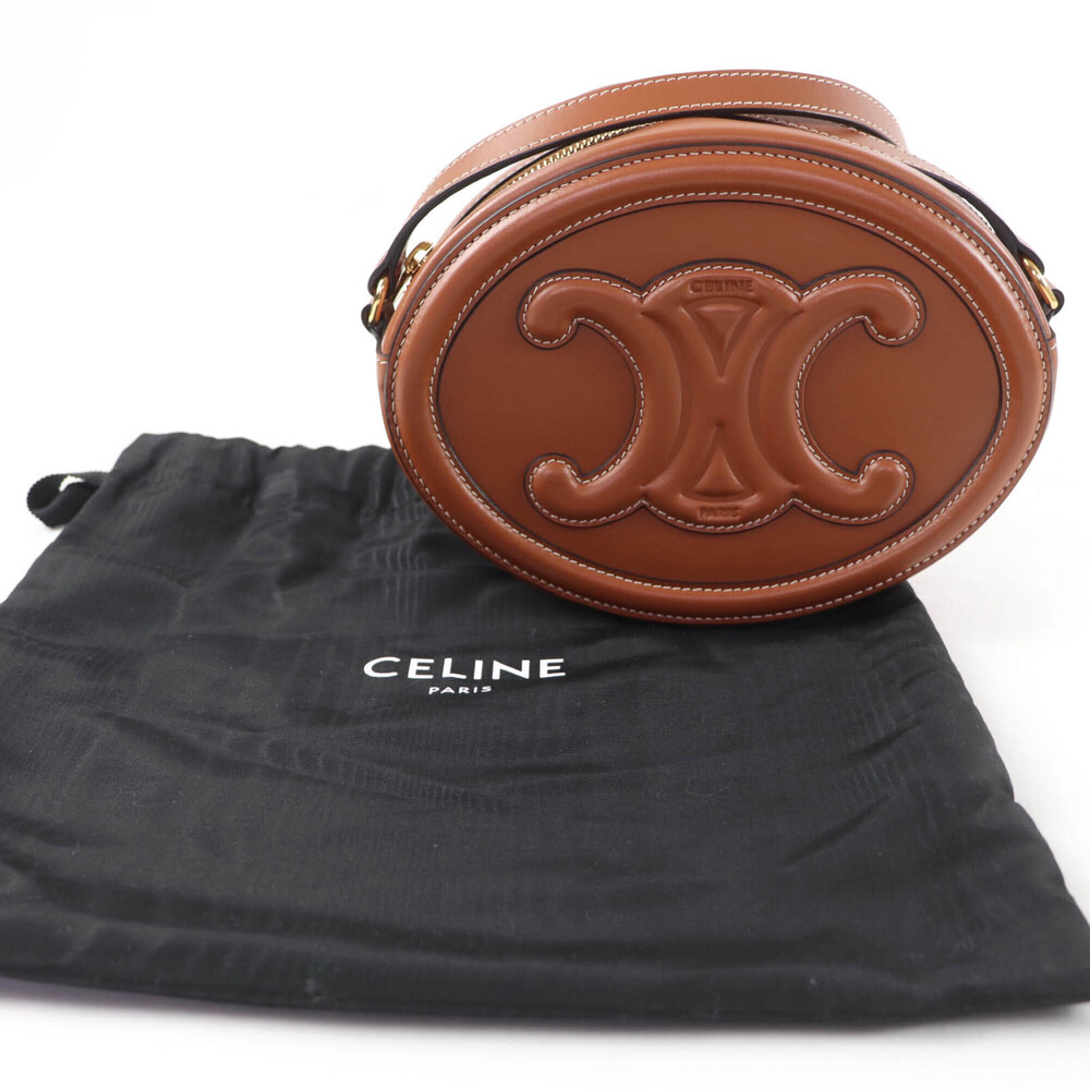 CELINE 19860 Cuile Triomphe Oval Purse Leather Shoulder Bag Tan with Dust Mad... - Picture 2 of 12